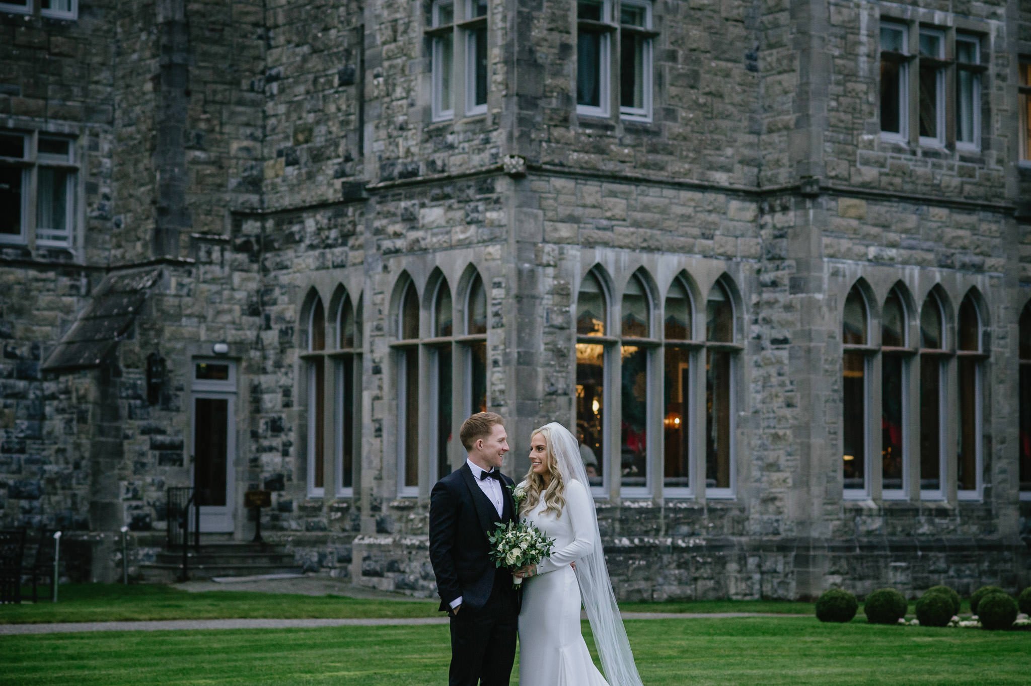 Bride and groom at Ashford Castle on their wedding day.